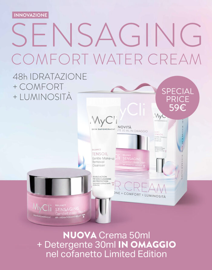 Composizione grafica del contenuto del Cofanetto Sensaging Comfort Water Cream 50ml, che contiene la cream in formato vendita 50ml e omaggia Sensaging Tensil Detergente Struccante Delicato nella travel size 30ml