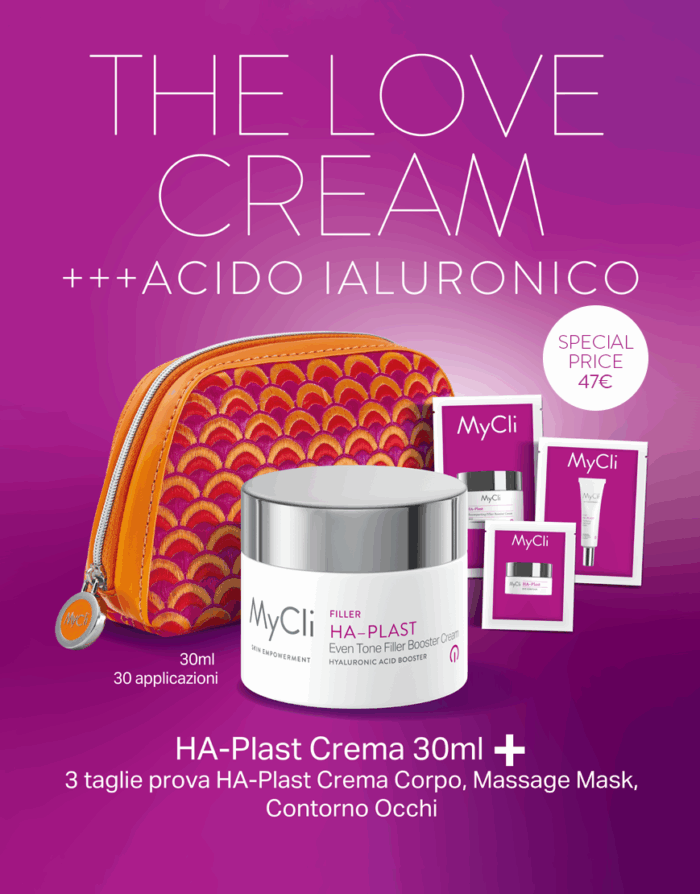 Contenuto della HA-Plast Love Cream: Crema 30ml + campione Contorno Occhi + campione Maschera + campione Crema Corpo, per un protocollo filler rimpolpante che stimola l'acido ialuronico dermico, a soli 47€