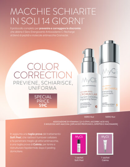 Grafica che rappresenta il contenuto del cofanetto e ne evidenzia i risultati del test di efficacia: macchie schiarite in soli 14 giorni